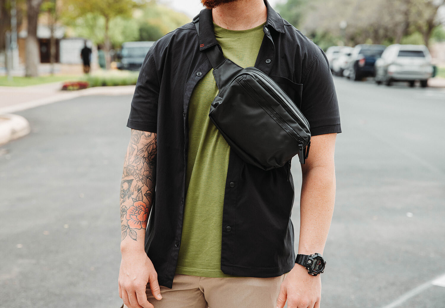 Black Crest Black Tactical Fanny Pack Waistpack worn across the chest