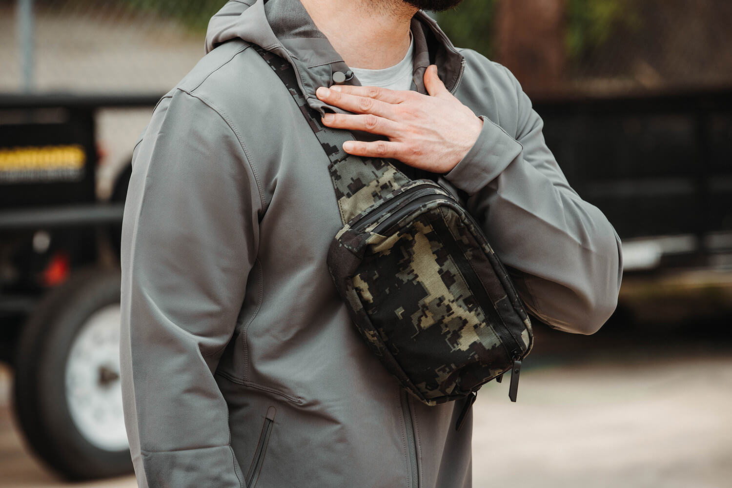 Black Crest Camo Tactical Fanny Pack Waistpack worn across the chest